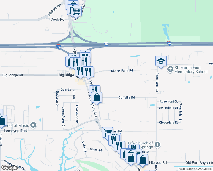 map of restaurants, bars, coffee shops, grocery stores, and more near 70350 Tucker Road in Ocean Springs