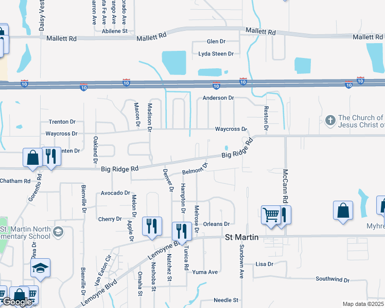 map of restaurants, bars, coffee shops, grocery stores, and more near 15621 Big Ridge Road in Biloxi