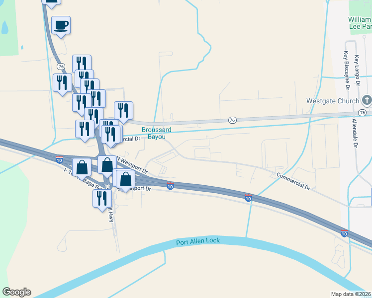 map of restaurants, bars, coffee shops, grocery stores, and more near 2480 Commercial Drive in Port Allen