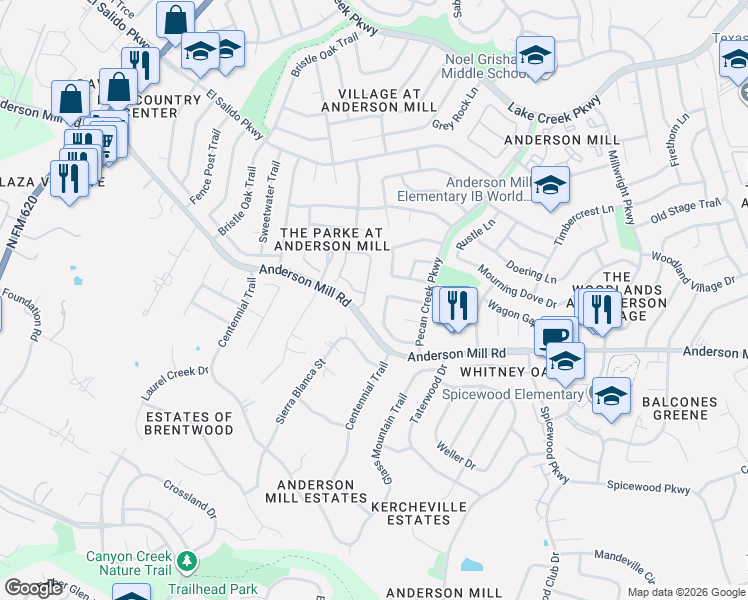 map of restaurants, bars, coffee shops, grocery stores, and more near 11525 Sandy Loam Trail in Austin