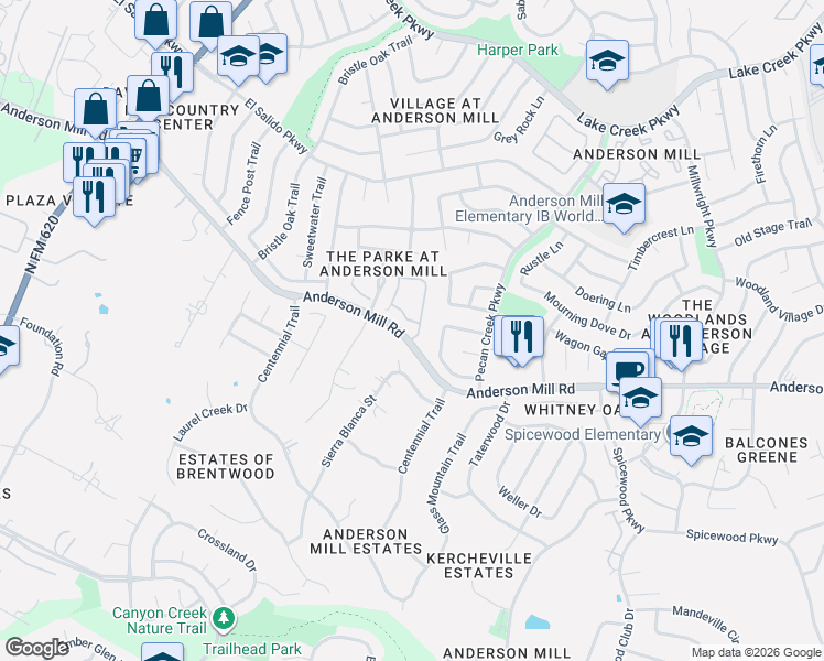 map of restaurants, bars, coffee shops, grocery stores, and more near 11502 Sawatch Circle in Austin