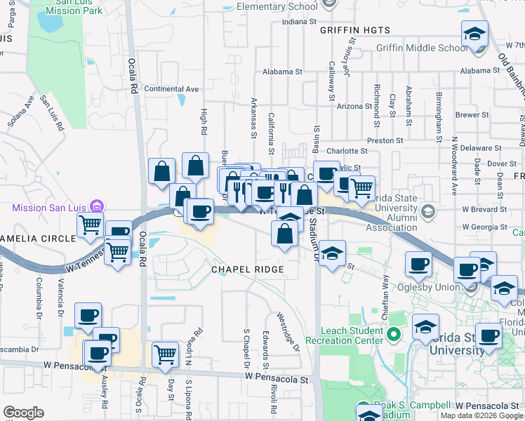 map of restaurants, bars, coffee shops, grocery stores, and more near W Tennessee St & Caliark St in Tallahassee