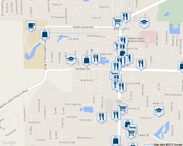 map of restaurants, bars, coffee shops, grocery stores, and more near 1814 Hurlburt Road in Fort Walton Beach