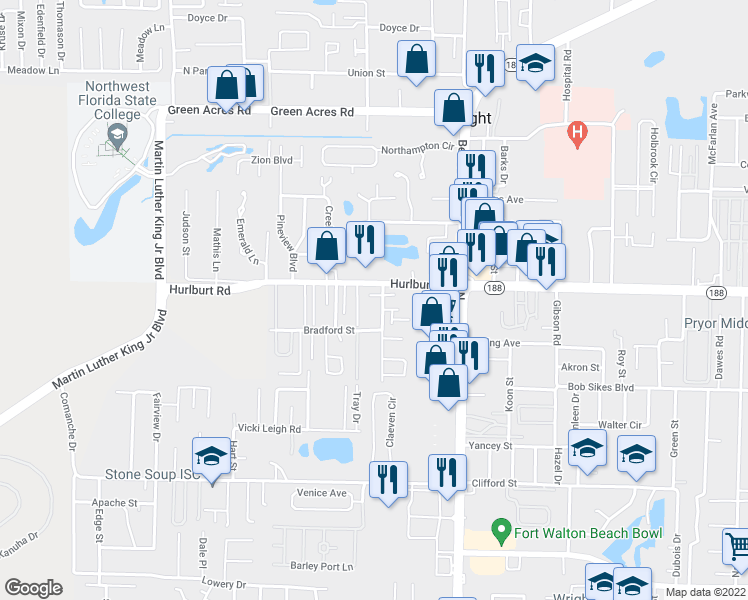 map of restaurants, bars, coffee shops, grocery stores, and more near 1854 Laurel Oaks Court in Fort Walton Beach
