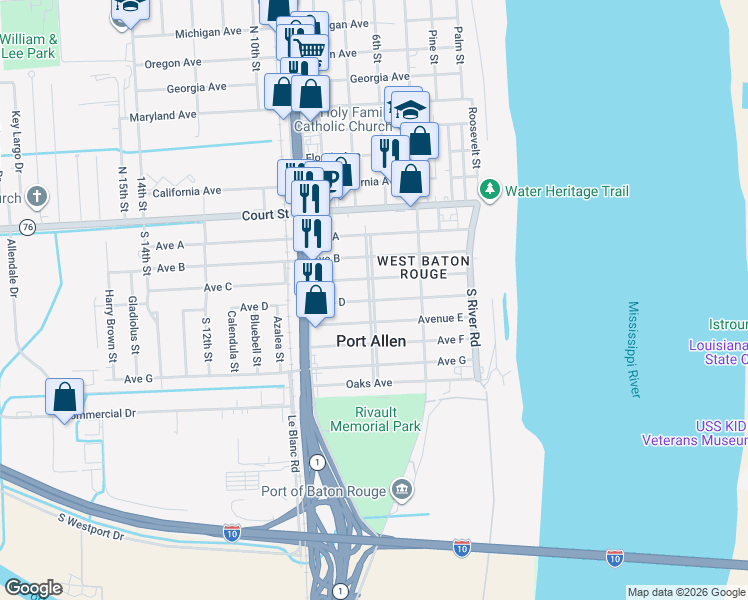 map of restaurants, bars, coffee shops, grocery stores, and more near 730 Avenue D in Port Allen