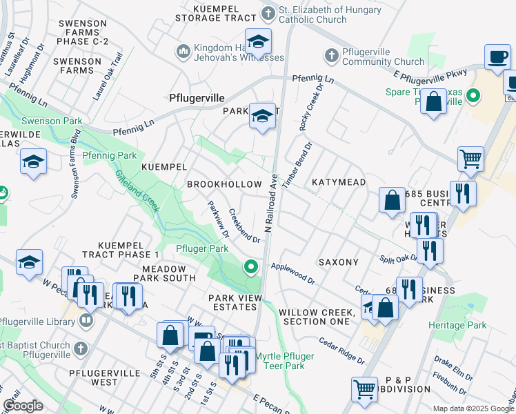 map of restaurants, bars, coffee shops, grocery stores, and more near 1011 Creekbend Cove in Pflugerville