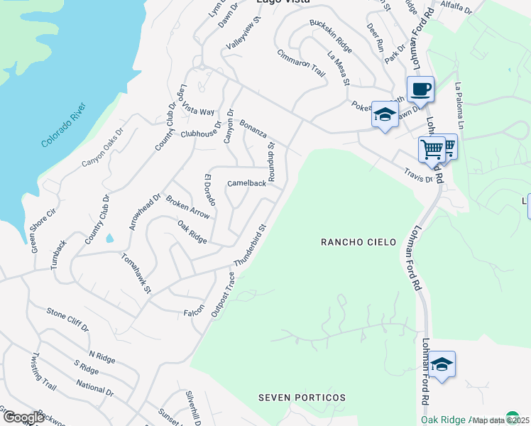 map of restaurants, bars, coffee shops, grocery stores, and more near 5405 Thunderbird Street in Lago Vista