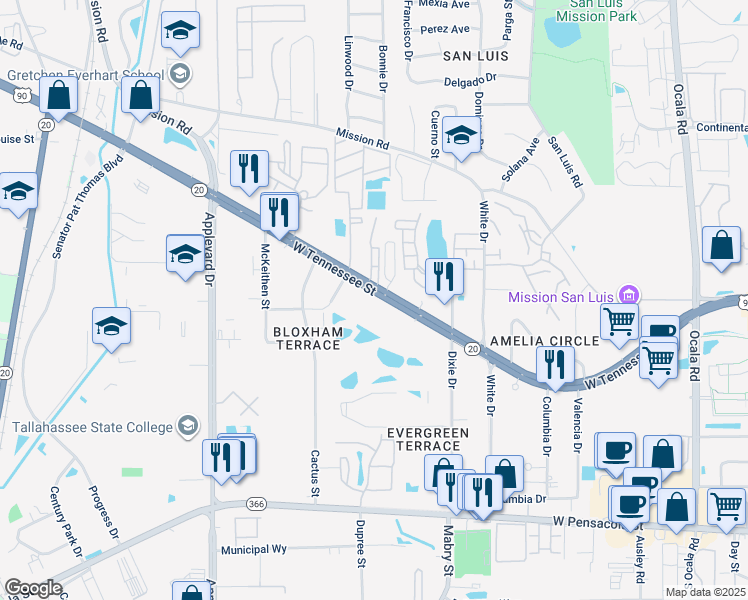 map of restaurants, bars, coffee shops, grocery stores, and more near 2525 West Tennessee Street in Tallahassee