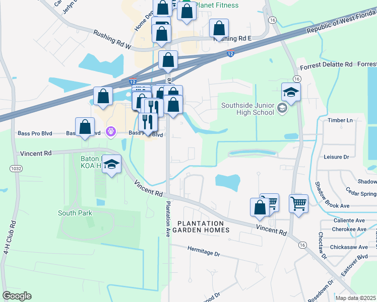 map of restaurants, bars, coffee shops, grocery stores, and more near 117 Shady Park Road in Denham Springs
