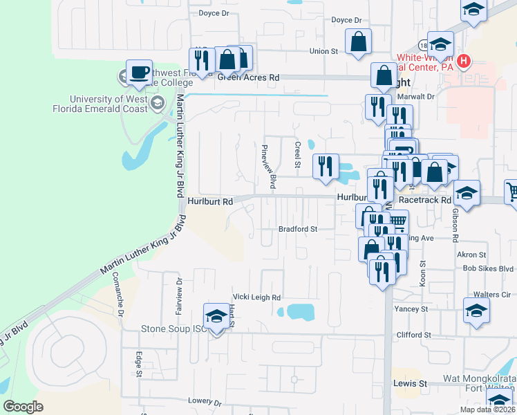 map of restaurants, bars, coffee shops, grocery stores, and more near 110 Bradford Street in Fort Walton Beach