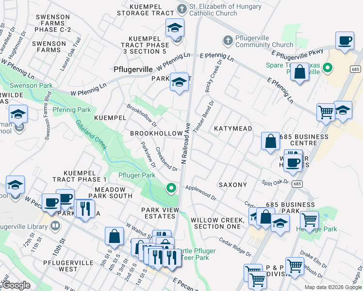 map of restaurants, bars, coffee shops, grocery stores, and more near 1011 Creekbend Cove in Pflugerville