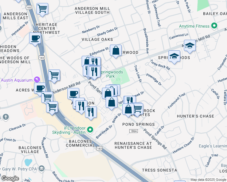 map of restaurants, bars, coffee shops, grocery stores, and more near 13357 Pond Springs Road in Austin
