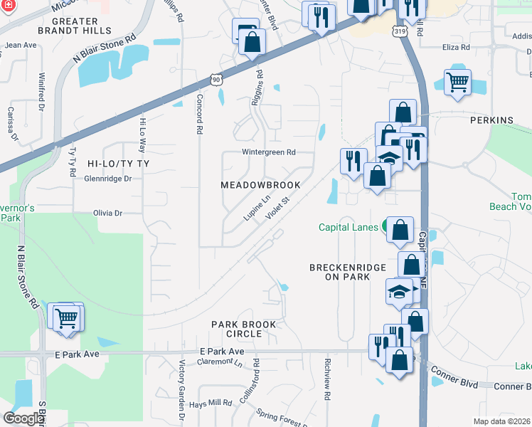 map of restaurants, bars, coffee shops, grocery stores, and more near 716 Violet Street in Tallahassee