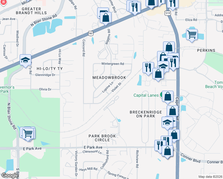 map of restaurants, bars, coffee shops, grocery stores, and more near 716 Violet Street in Tallahassee
