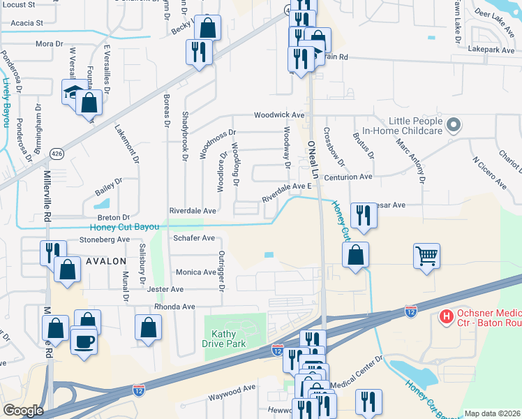 map of restaurants, bars, coffee shops, grocery stores, and more near 15586 Riverdale Avenue East in Baton Rouge