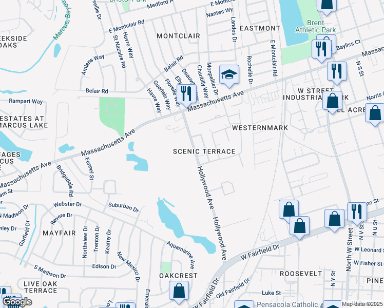 map of restaurants, bars, coffee shops, grocery stores, and more near 4001 Hollywood Avenue in Pensacola
