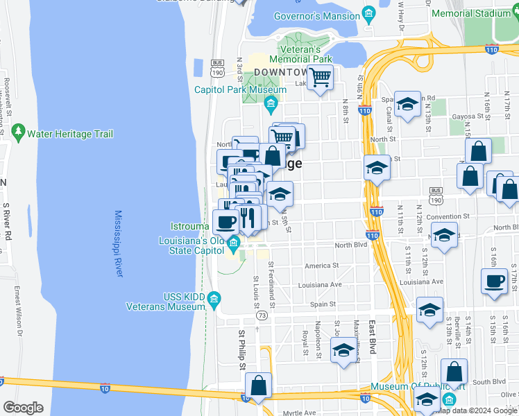 map of restaurants, bars, coffee shops, grocery stores, and more near 340 Florida Street in Baton Rouge