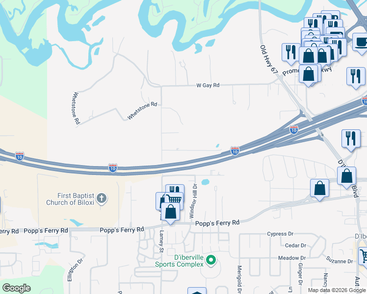 map of restaurants, bars, coffee shops, grocery stores, and more near 4475 Pierce Road in D'Iberville