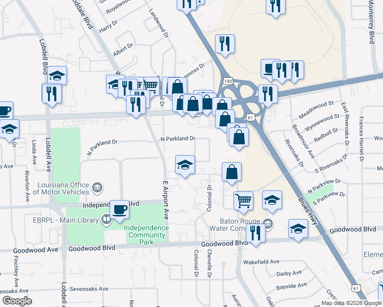 map of restaurants, bars, coffee shops, grocery stores, and more near 8447 South Parkland Drive in Baton Rouge