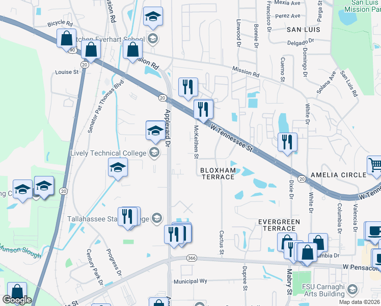 map of restaurants, bars, coffee shops, grocery stores, and more near 500 McKeithen Street in Tallahassee