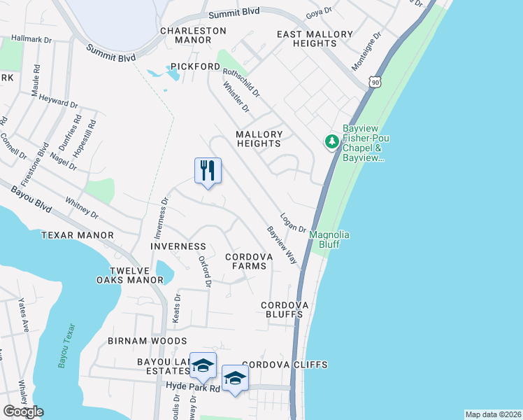 map of restaurants, bars, coffee shops, grocery stores, and more near 2800 Bayview Way in Pensacola