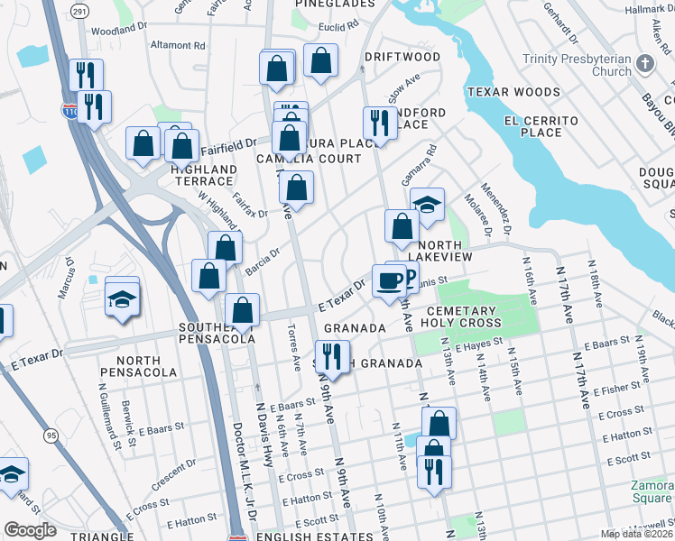 map of restaurants, bars, coffee shops, grocery stores, and more near 101 Ariola Avenue in Pensacola