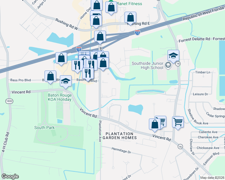 map of restaurants, bars, coffee shops, grocery stores, and more near 177 Shady Park Road in Denham Springs