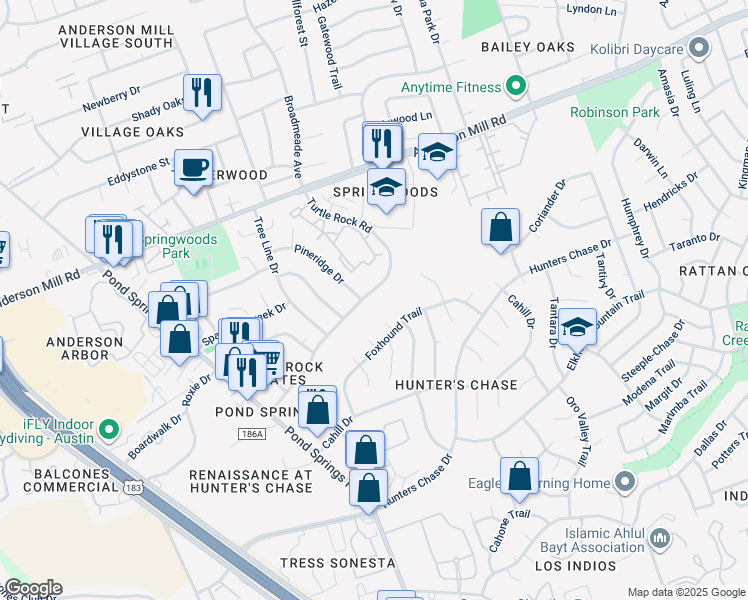 map of restaurants, bars, coffee shops, grocery stores, and more near 12612 Duckcreek Court in Austin