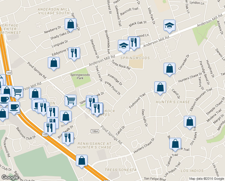 map of restaurants, bars, coffee shops, grocery stores, and more near 12407 Tree Line Drive in Austin