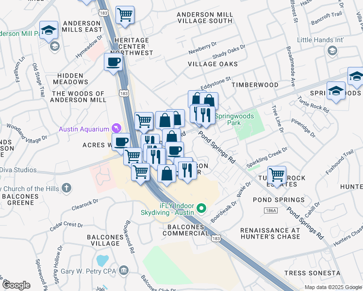 map of restaurants, bars, coffee shops, grocery stores, and more near 13355 U.S. 183 in Austin
