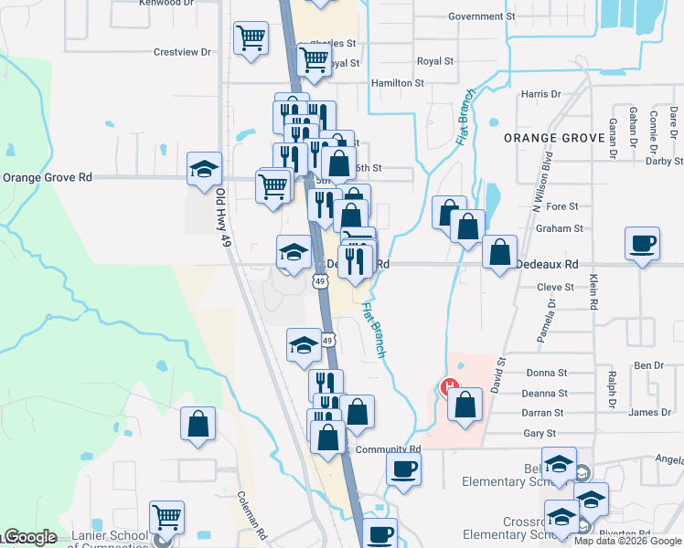 map of restaurants, bars, coffee shops, grocery stores, and more near 15371 Dedeaux Road in Gulfport