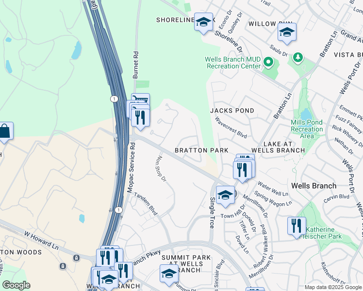 map of restaurants, bars, coffee shops, grocery stores, and more near 14701 Noya Drive in Austin