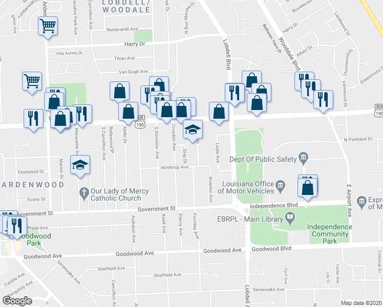 map of restaurants, bars, coffee shops, grocery stores, and more near 224 Ocean Drive in Baton Rouge