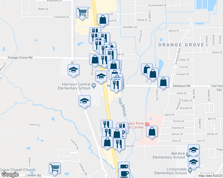 map of restaurants, bars, coffee shops, grocery stores, and more near 15371 Dedeaux Road in Gulfport