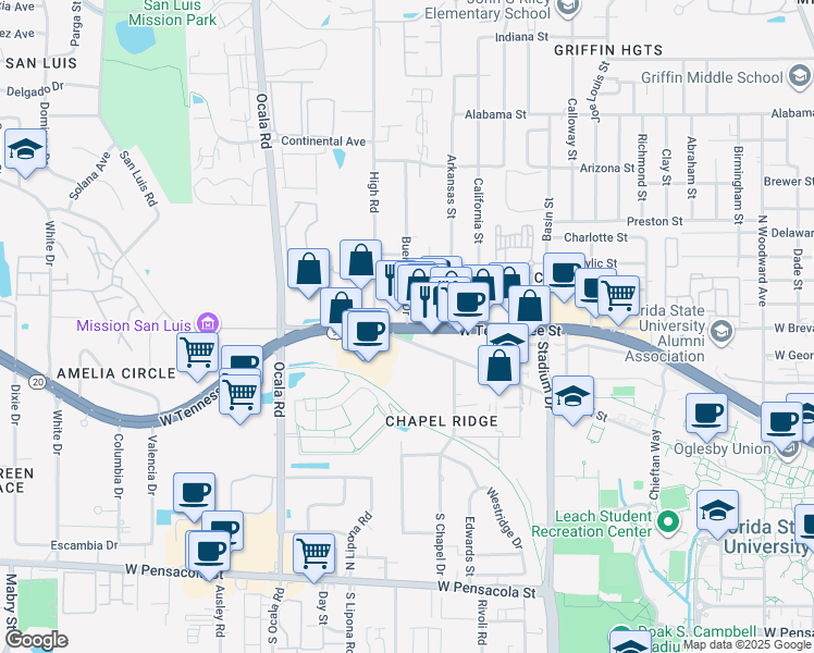 map of restaurants, bars, coffee shops, grocery stores, and more near West Tennessee Street & Buena Vista Drive in Tallahassee