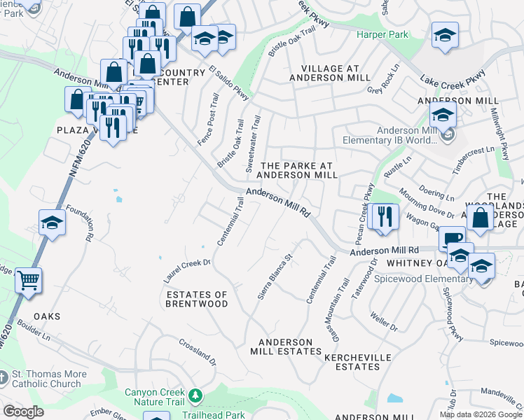 map of restaurants, bars, coffee shops, grocery stores, and more near 11405 Rockwell Place in Austin