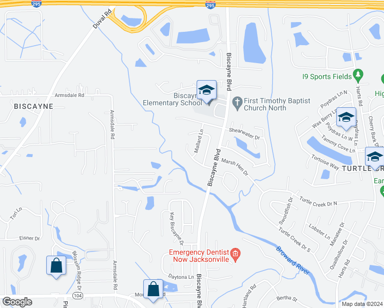 map of restaurants, bars, coffee shops, grocery stores, and more near 1533 Raven Drive South in Jacksonville
