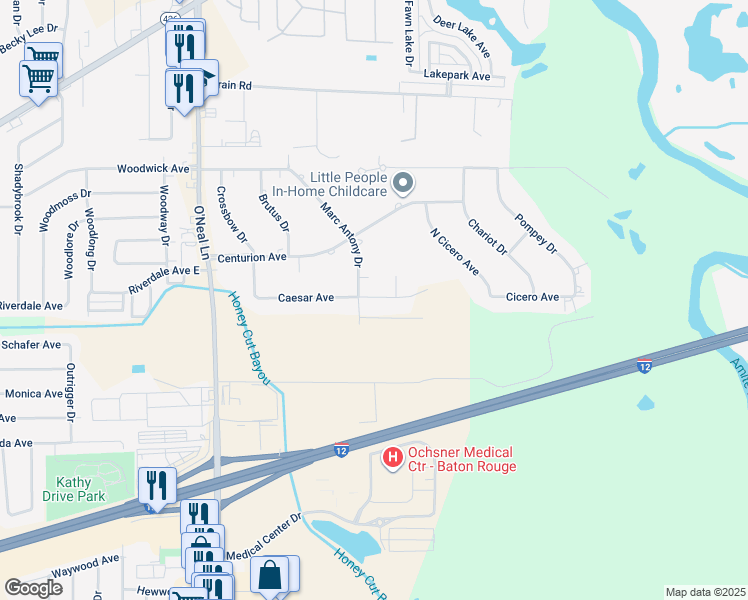 map of restaurants, bars, coffee shops, grocery stores, and more near 16628 Caesar Avenue in Baton Rouge