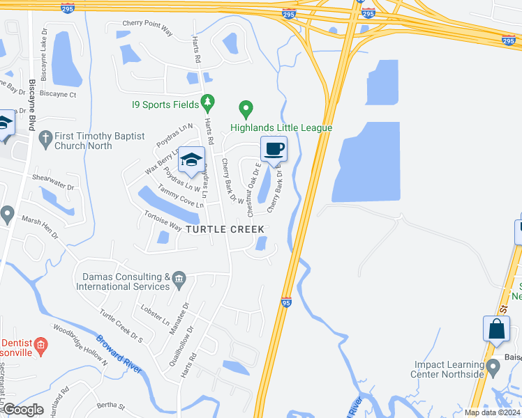 map of restaurants, bars, coffee shops, grocery stores, and more near 11674 Cherry Bark Drive East in Jacksonville