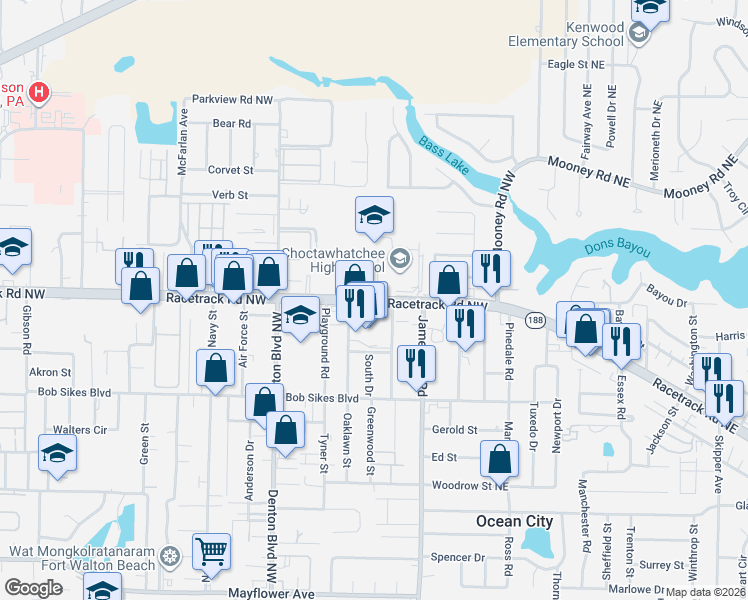 map of restaurants, bars, coffee shops, grocery stores, and more near 115 Racetrack Road Northwest in Fort Walton Beach