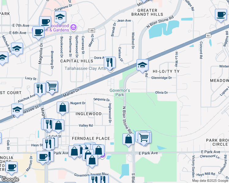 map of restaurants, bars, coffee shops, grocery stores, and more near 415 Inglewood Drive in Tallahassee