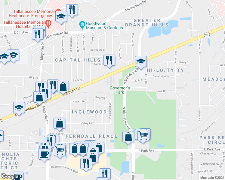 map of restaurants, bars, coffee shops, grocery stores, and more near 415 Inglewood Drive in Tallahassee