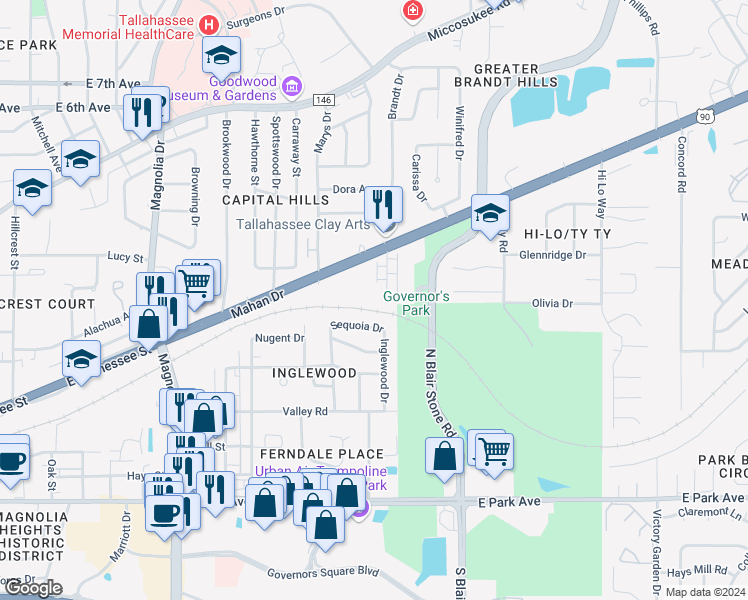 map of restaurants, bars, coffee shops, grocery stores, and more near 1614 Sequoia Drive in Tallahassee