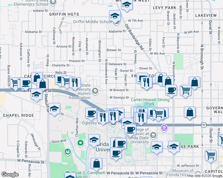 map of restaurants, bars, coffee shops, grocery stores, and more near 826 West Georgia Street in Tallahassee