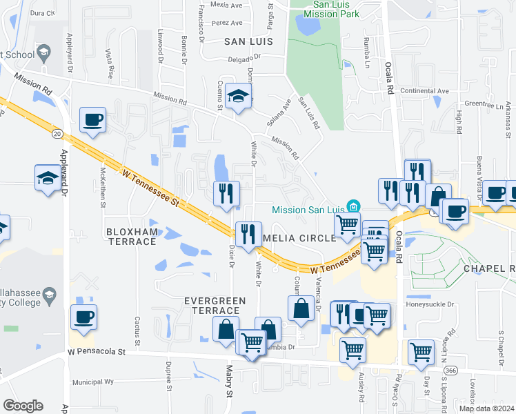 map of restaurants, bars, coffee shops, grocery stores, and more near 2334 Amelia Circle in Tallahassee
