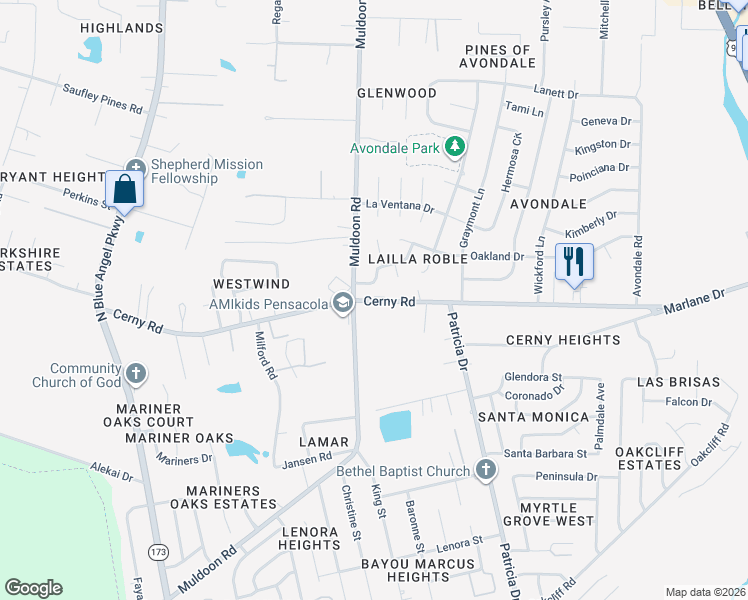 map of restaurants, bars, coffee shops, grocery stores, and more near 4919 Cerny Road in Pensacola