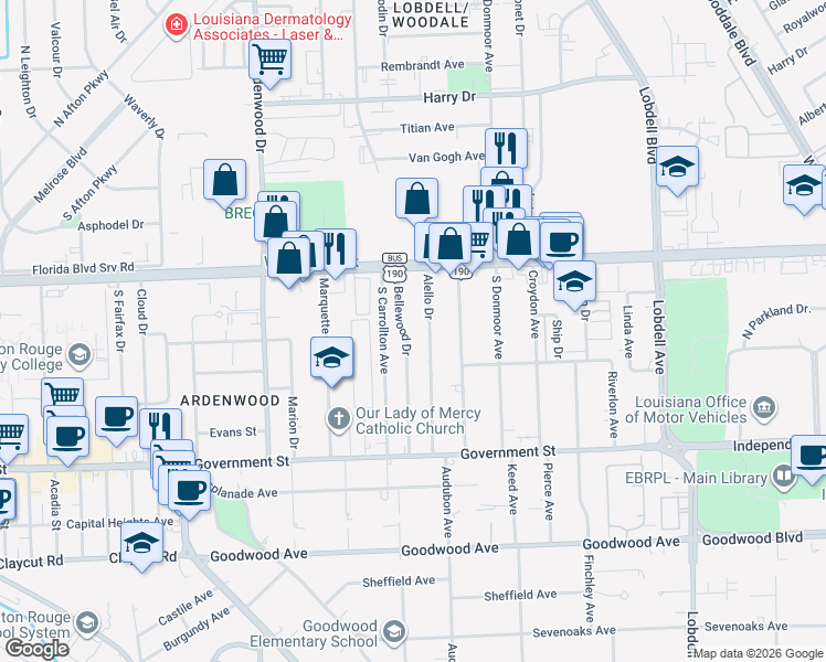 map of restaurants, bars, coffee shops, grocery stores, and more near 240 Bellewood Drive in Baton Rouge