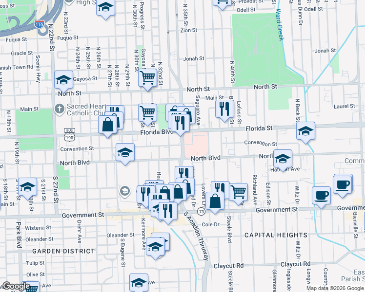 map of restaurants, bars, coffee shops, grocery stores, and more near in Baton Rouge