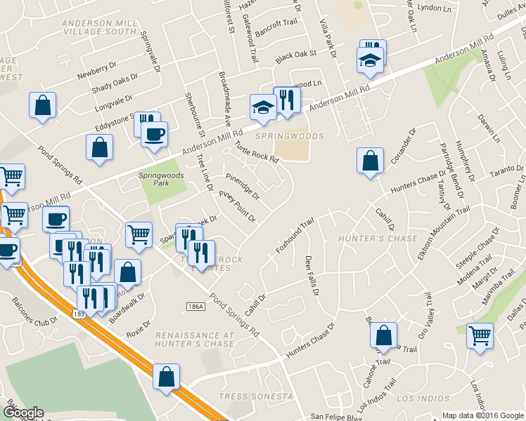 map of restaurants, bars, coffee shops, grocery stores, and more near 12601 Turtle Rock Road in Austin