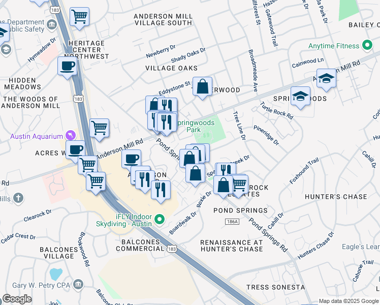 map of restaurants, bars, coffee shops, grocery stores, and more near 13357 Pond Springs Road in Austin
